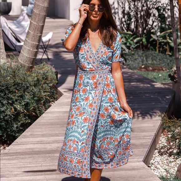 Bohemian Gypsy Floral Print Dress Tie Sleeve Slit - Picture 7 of 7